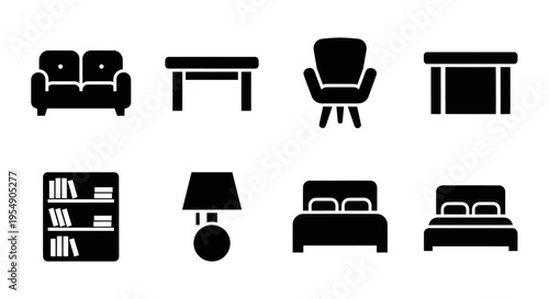 Set of modern furniture icons. Sofa, table, armchair, desk, bookshelf, lamp, beds.