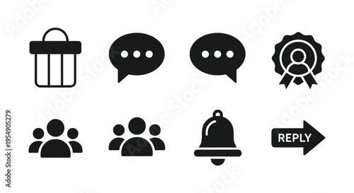Communication and feedback icons: trash, chat, award, users, bell, reply