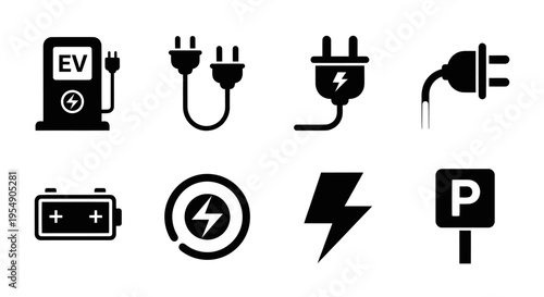 Electric Vehicle Charging Icons: Station, Plugs, Battery, Lightning Bolt, Parking