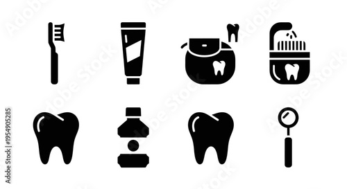 Dental Hygiene Icons: Toothbrush, Toothpaste, Floss, Mouthwash, Teeth, Mirror
