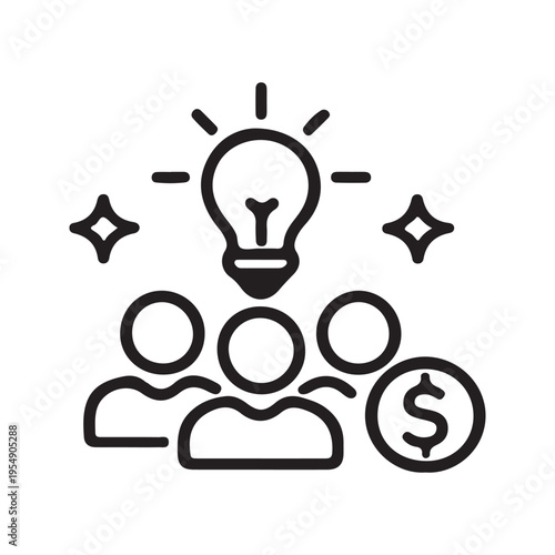 A minimalist icon showing a group of people inspired by a bright lightbulb and monetary wealth