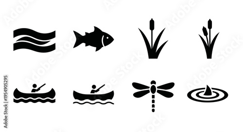 Nature Icons: Waves, Fish, Reeds, Canoes, Dragonfly, Water Splash