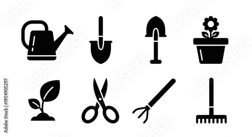 Gardening Tools Icons: Watering Can, Shovel, Plant, Scissors, Rake, Seedling