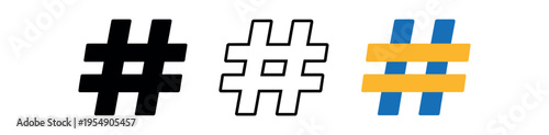 Three hashtag symbols shown in solid, outline, and multicolored styles.