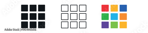 Three style versions of a 3x3 square grid icon shown in solid, outline, and colorful styles.