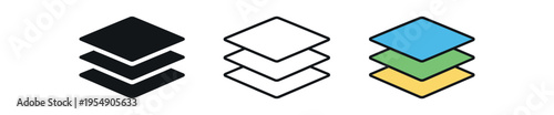 Three layered stack icons presented in solid black, simple outline, and colorful flat styles.
