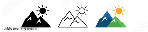 Three mountain peak icons shown in solid black, line outline, and multicolor scenic styles with sun.