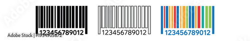 Three barcode icons with numeric digits in solid black, outline, and colorful striped versions