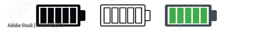 Three versions of a battery charge indicator showing full green bars in black, outline, and colored styles.