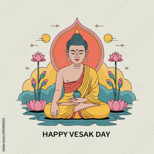 Buddha meditating in lotus pond with sun symbols and text