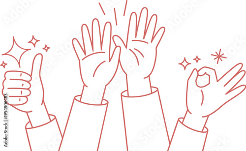 High Five Celebration: Line art illustration of hands gesturing a high-five, thumbs-up, and an okay sign expressing approval and enthusiasm.