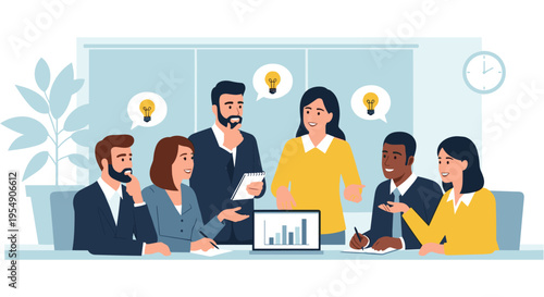 Diverse business team brainstorming meeting in modern office with lightbulb ideas in flat design for business presentation