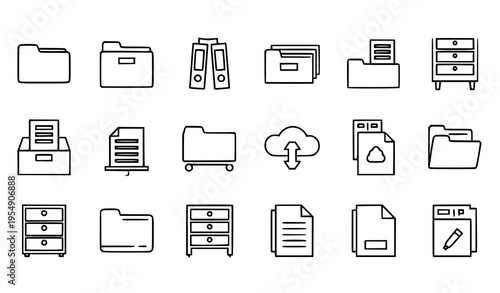 Archive folder line icon set with file storage document and cloud archive symbols in minimal monoline vector style isolated on white