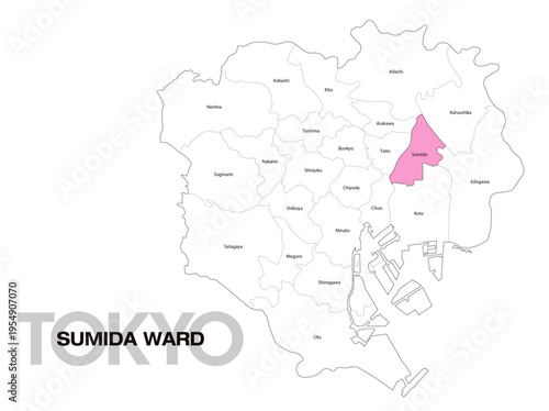 東京都墨田区の位置地図 区名有り(英語) 04