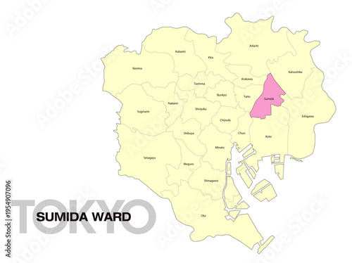 東京都墨田区の位置地図 区名有り(英語) 01