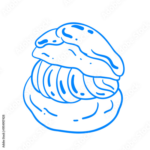Round eclair with custard. A sweet bun for dessert.  Vector hand-drawn line drawing of breakfast food. Sketch doodle icon illustration in Mediterranean blue line retro style