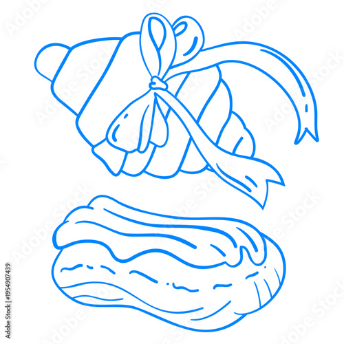 Croissant and eclair with custard. Two buns for dessert.  Vector hand-drawn line drawing of breakfast food. Sketch doodle icon illustration in Mediterranean blue line retro style