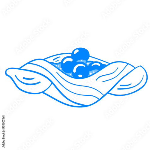 Puff pastry boat bun with berries. Sweet pastries from the bakery.  Vector hand-drawn linear drawing of food. Sketch doodle icon illustration in Mediterranean blue line retro style