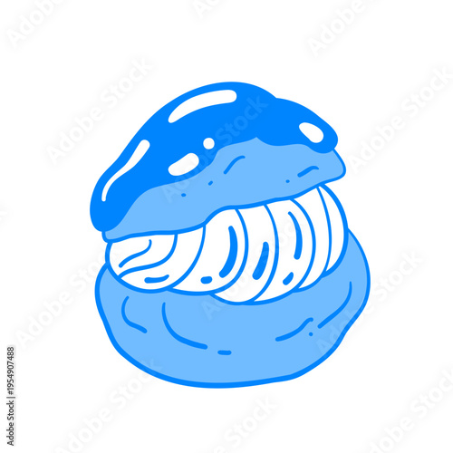 Round bun with cream. Chocolate eclair. Sweet dessert vector illustration. Food icon in Mediterranean linear style. Line on transparent background for design element.