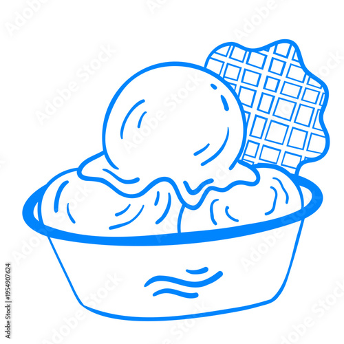 Three scoops of creamy ice cream with a wafer in a bowl. Summer dessert vector illustration. Food icon in a Mediterranean linear style. Line on a transparent background for design purposes.