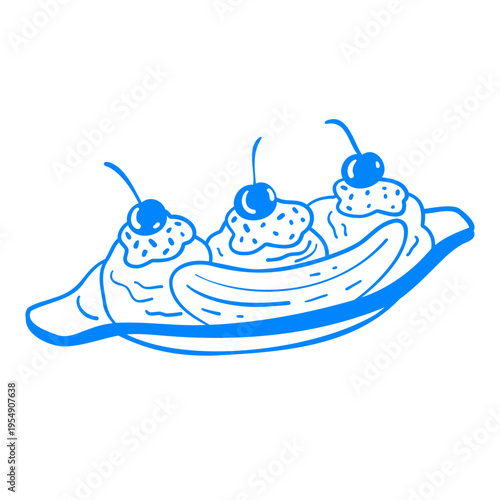 Three scoops of fruit berry ice cream with cherries. Summer dessert banana split vector illustration. Food icon in Mediterranean linear style. Line on transparent background for design element.