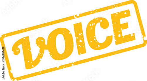 Textured yellow rectangular rubber stamp featuring the word VOICE for effective communication and expression