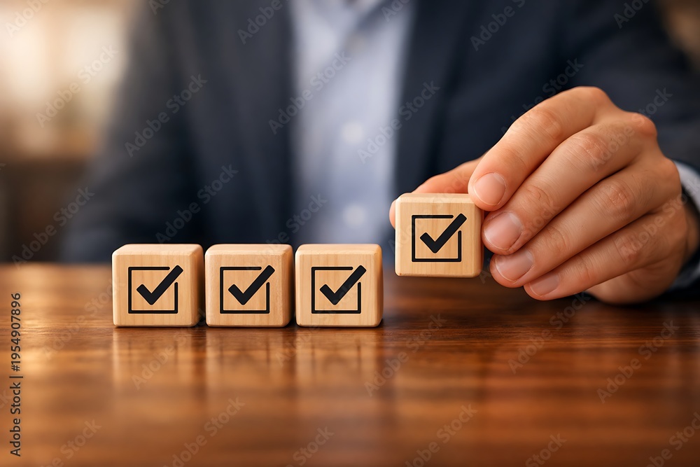 Naklejka premium Businessman hand placing wooden cube with check mark icon, concept of business success, task completion, and quality assurance.