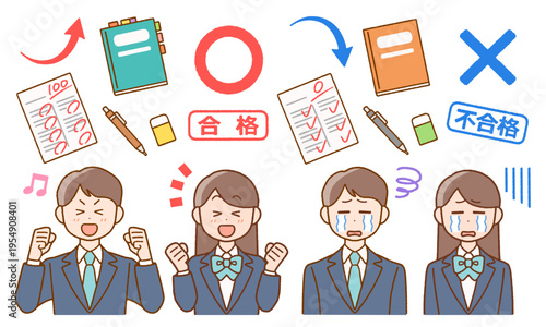 学生とテストの合否イラスト素材セット｜受験・試験・塾