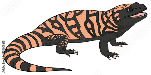 "A professional, ultra high-resolution 3D photorealistic render of a Gila monster (Heloderma suspectum), isolated on a solid white background. The lizard is shown in a full-body side profile, featurin
