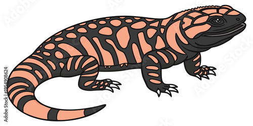 "A professional, ultra high-resolution 3D photorealistic render of a Gila monster (Heloderma suspectum), isolated on a solid white background. The lizard is shown in a full-body side profile, featurin