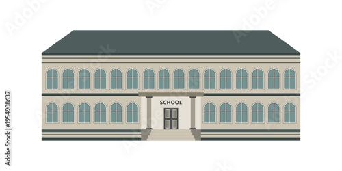 Beige two story school building facade with columns and arched windows