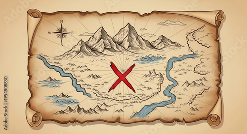 Vintage treasure map with mountains river and red x marked on parchment background