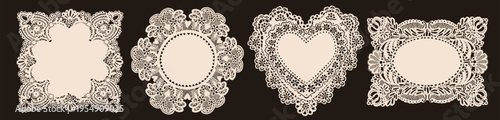 Elegant lace Napkins, Frames. Various shapes, ornaments, crochet doily borders. Hand drawn Vector illustration. Wedding invitation, greeting card, Valentine day concept. Isolated design elements