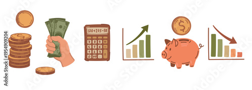 Money finance and investment elements set coins hand holding cash calculator piggy bank graph vector illustration icons collection graphic design isolated collection