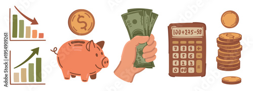 Money finance investment elements set piggy bank coins hand holding cash calculator graph vector illustration icons collection graphic design isolated collection