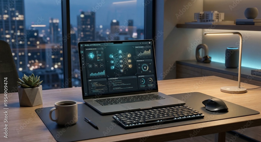 Fototapeta premium Laptop displaying AI neural network in modern office