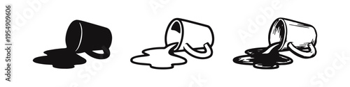Spilled Drink Icons Set, Overturned Mug with Liquid Mess Symbols