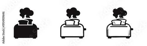 Hand drawn toaster with popping toast icon set in solid, outline, and sketch styles.