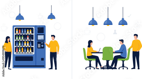 Flat vector illustration of office employees using beverage vending machine and working together in modern breakroom area isolated on white background for corporate design (25 words)
