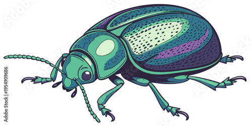 "A professional, ultra high-resolution 3D photorealistic render of an iridescent jewel beetle (Chrysolina cerealis), isolated on a solid white background. The insect is shown in a three-quarter side p