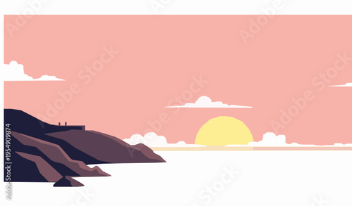 Island Lighthouse Sunset Vector with Pink Sky and Sun Rays Coastal Landscape
