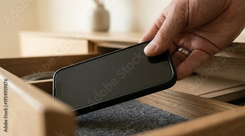 Hand placing smartphone into wooden drawer organizer, home storage solution