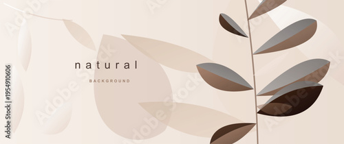 Minimalist natural background featuring delicate leaf branches with translucent brown and cream organic shapes for a peaceful and aesthetic floral design.