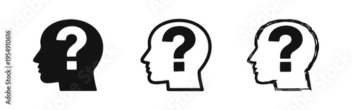 Human Head with Question Mark Icon Set. Symbolizing thinking, doubt, confusion, and personal inquiry in various styles.