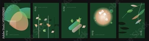 Collection of abstract nature illustrations with translucent green organic shapes and soft light effects on a dark forest green background template.