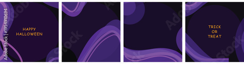 Four purple themed Halloween social media post templates with abstract wavy lines and circular shapes for trick or treat event promotions.