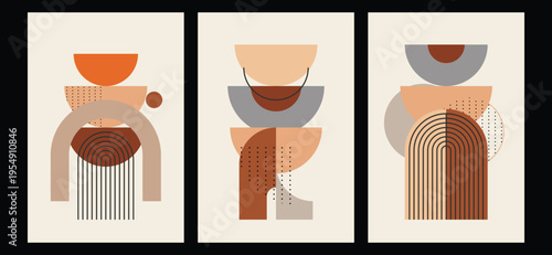 Set of three mid century modern abstract posters featuring geometric shapes arch lines and earthy terracotta tones for contemporary wall art.