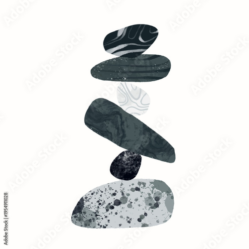 Stone Balance. Pyramid of pebbles. Various shapes, textures. Wellness, meditation, calm, balance, yoga, zen, harmony concept. Hand drawn Vector illustration. Poster, print, logo, design template