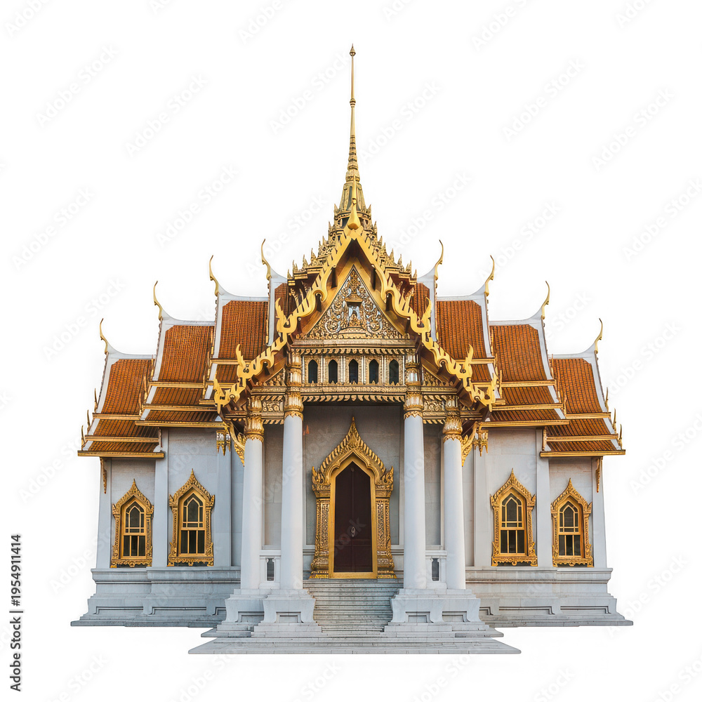 Fototapeta premium Ornate thai temple with gold and white architecture isolated on transparent background
