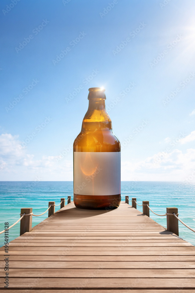 Fototapeta premium Blank glass beer bottle on wooden pier over ocean with sunlight minimal label mockup. Concept of beverage branding template, packaging presentation, summer advertising, alcohol marketing content.